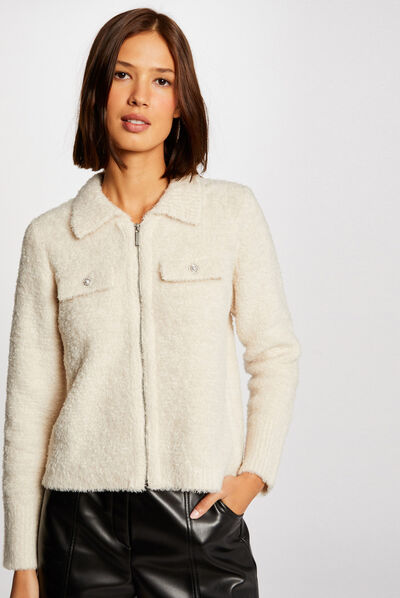 Gilet manches longues avec col à revers ivoire femme
