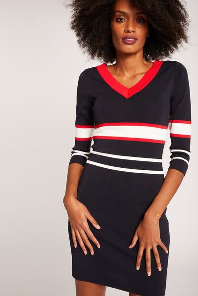 Robe ajustée bandes contrastantes col V marine femme