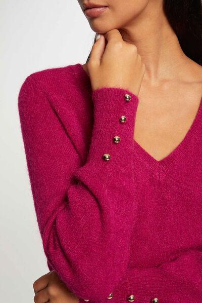 Pull manches longues col en V framboise femme
