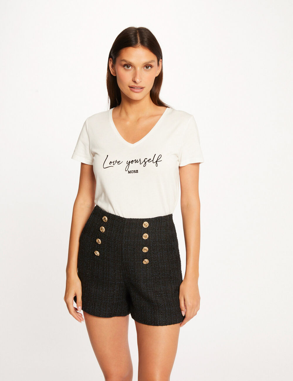 Short droit taille haute à pont marine femme