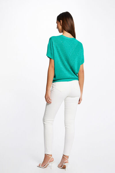 Pull manches courtes à col en V vert clair femme