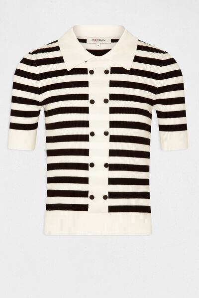 Pull manches courtes à rayures noir femme