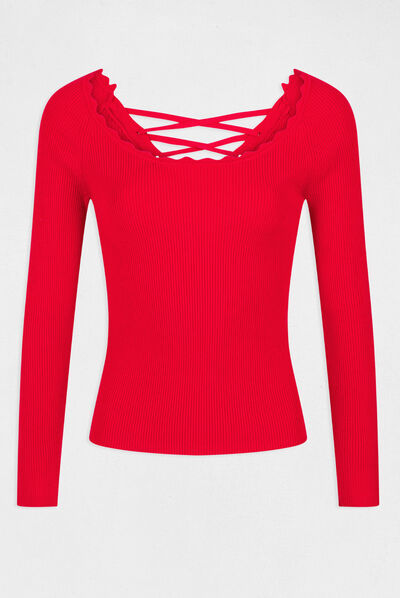 Pull manches longues avec col rond rouge femme