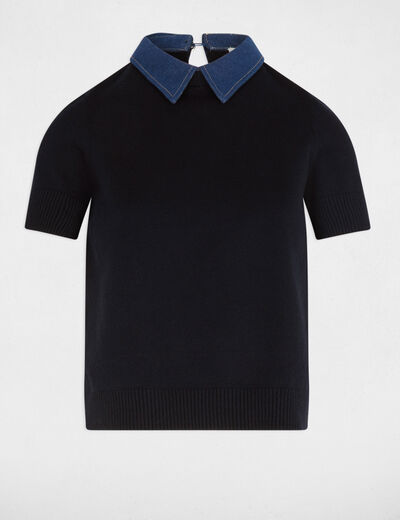 Pull col &agrave; revers bleu marine femme