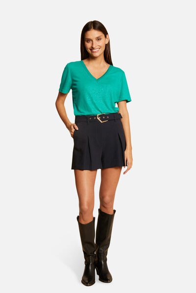 T-shirt manches courtes à col en V vert moyen femme