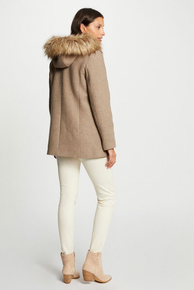 Manteau droit capuche imitation fourrure beige femme