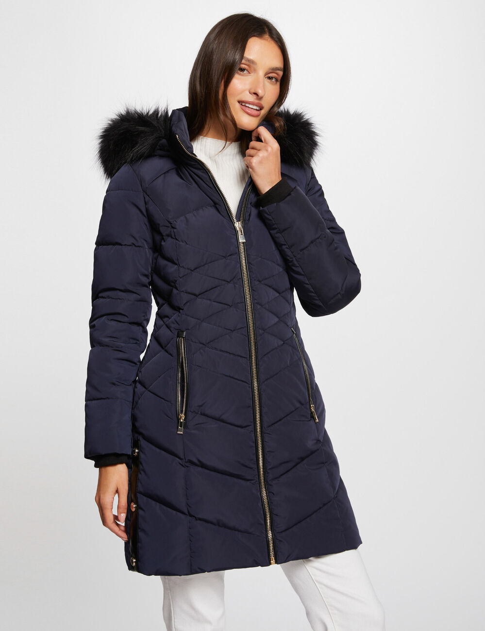 Doudoune longue &agrave; capuche marine femme