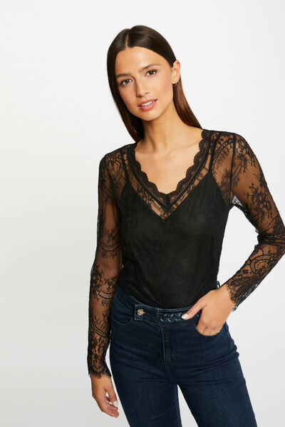 T-shirt manches longues à dentelle noir femme