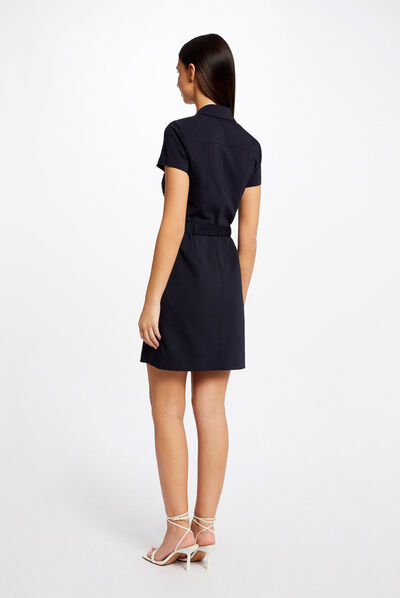 Robe droite boutonnée ceinturée marine femme