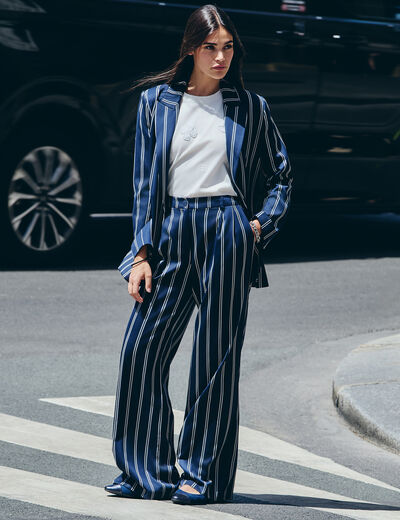 Pantalon large taille haute bleu marine femme