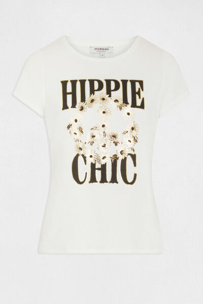 T-shirt manches courtes à inscription ecru femme