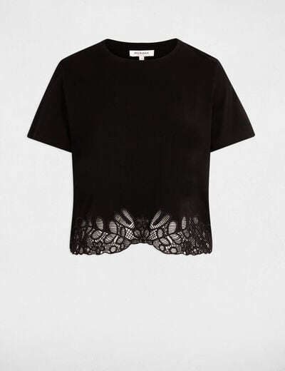 T-shirt brod&eacute; col rond noir femme