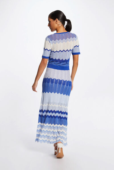 Robe pull longue droite imprimé chevron bleu moyen femme