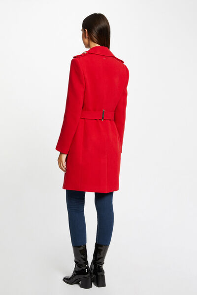 Manteau long droit ceinturé à boutons rouge femme