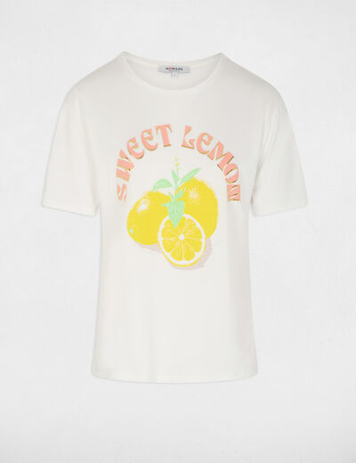 T-shirt imprim&eacute; col rond blanc femme