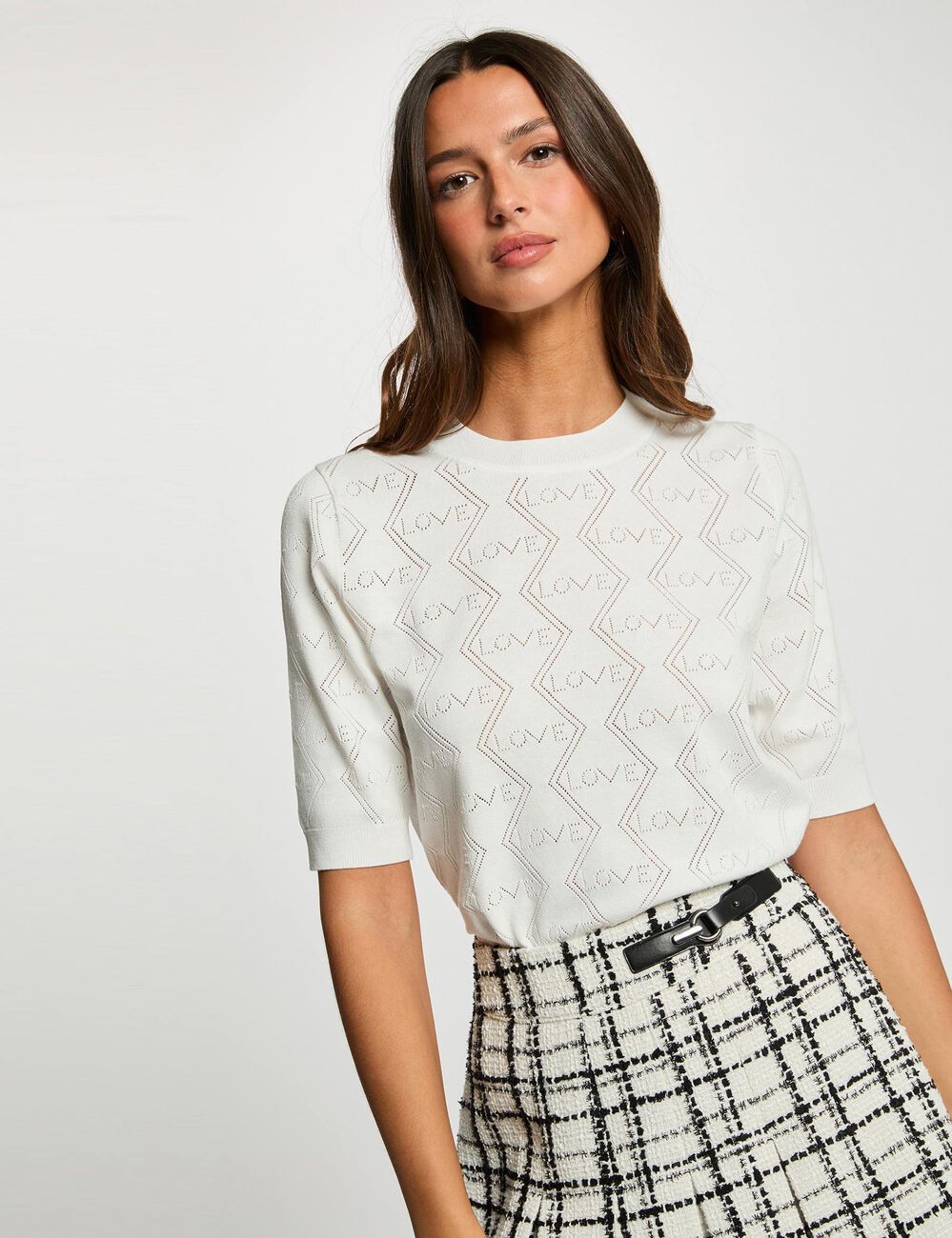 Pull ajour&eacute; manches 3/4 blanc femme