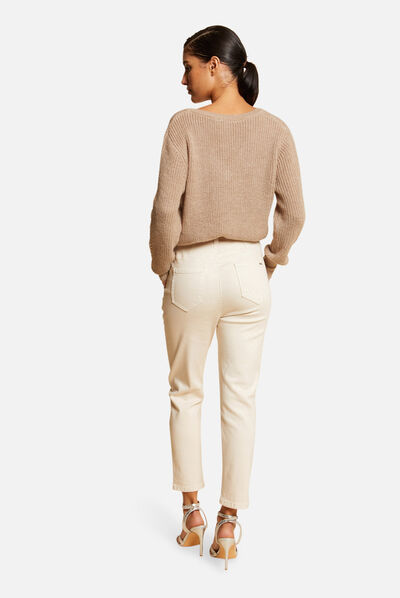 Pull manches longues à col en V taupe femme