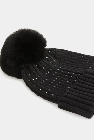 Bonnet avec strass et pompon noir femme