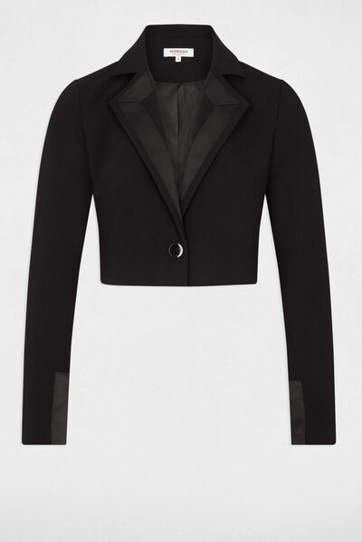 Veste courte smocking col satin noir femme