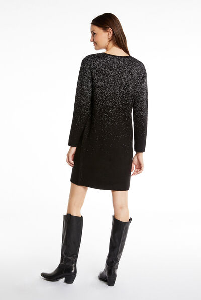 Robe pull droite à fils métallisés noir femme
