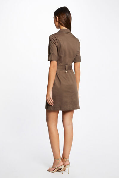 Robe droite ceinturée à manches courtes vert kaki femme