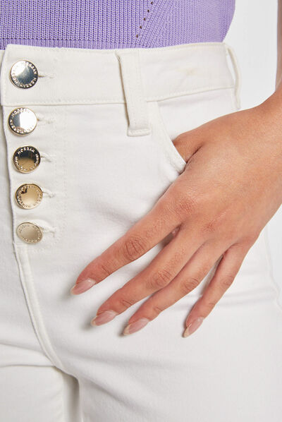 Jeans slim taille haute boutonné ecru femme