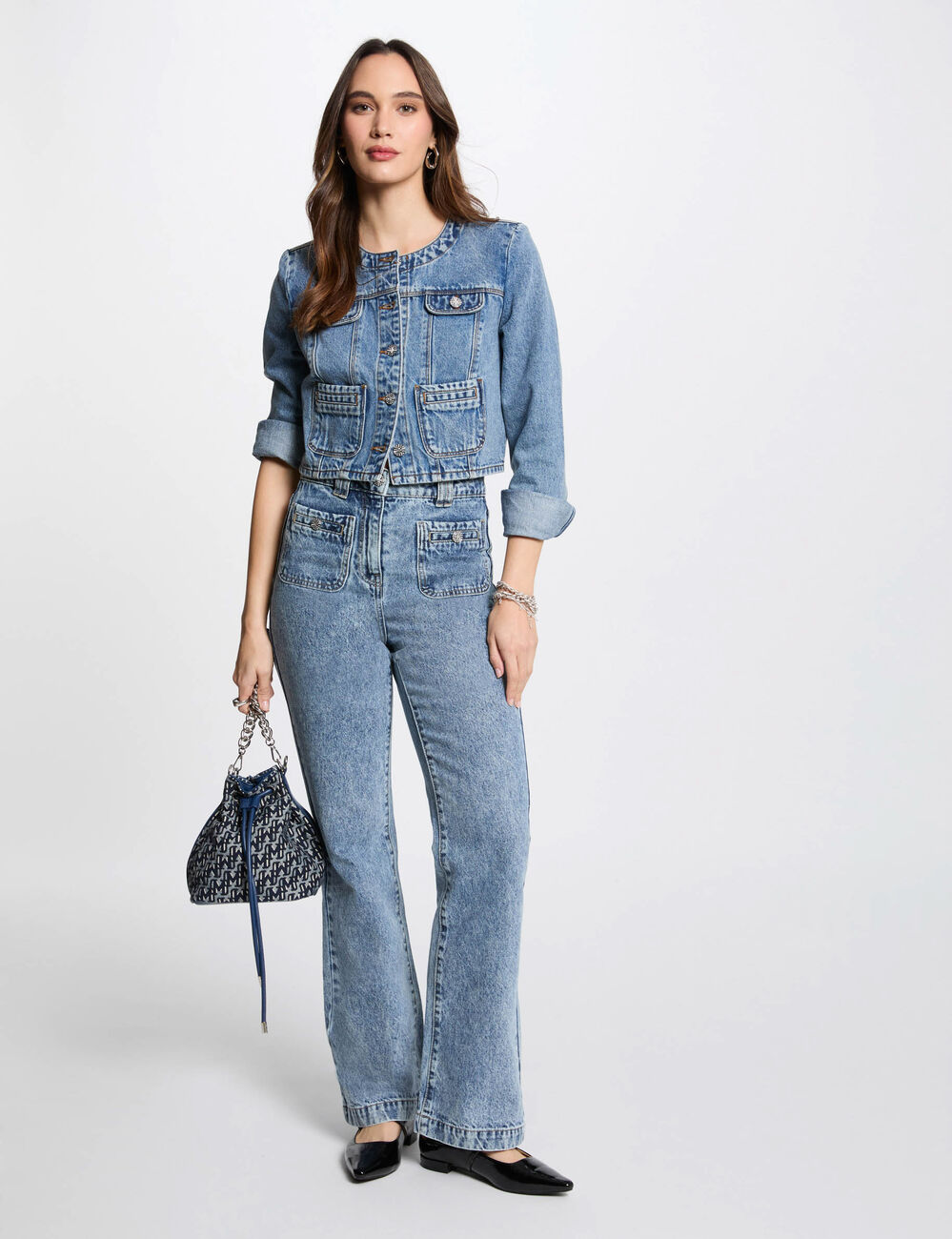 Veste courte en jean denim double stone femme
