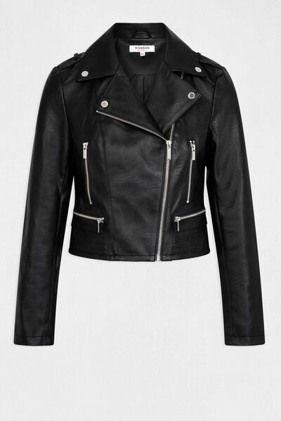 Blouson droit avec col cranté à revers noir femme