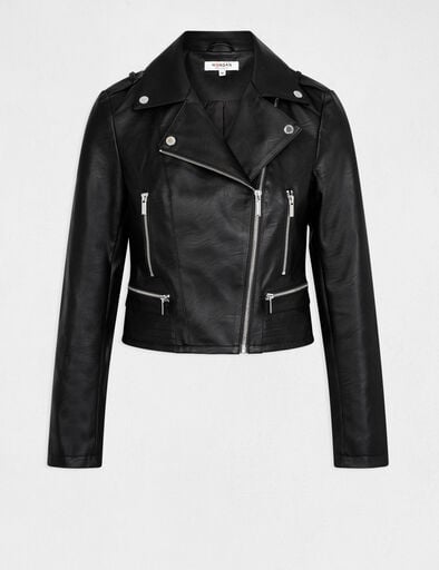 blouson droit avec col crante a revers noir femme Blouson droit avec col cranté à revers noir femme
