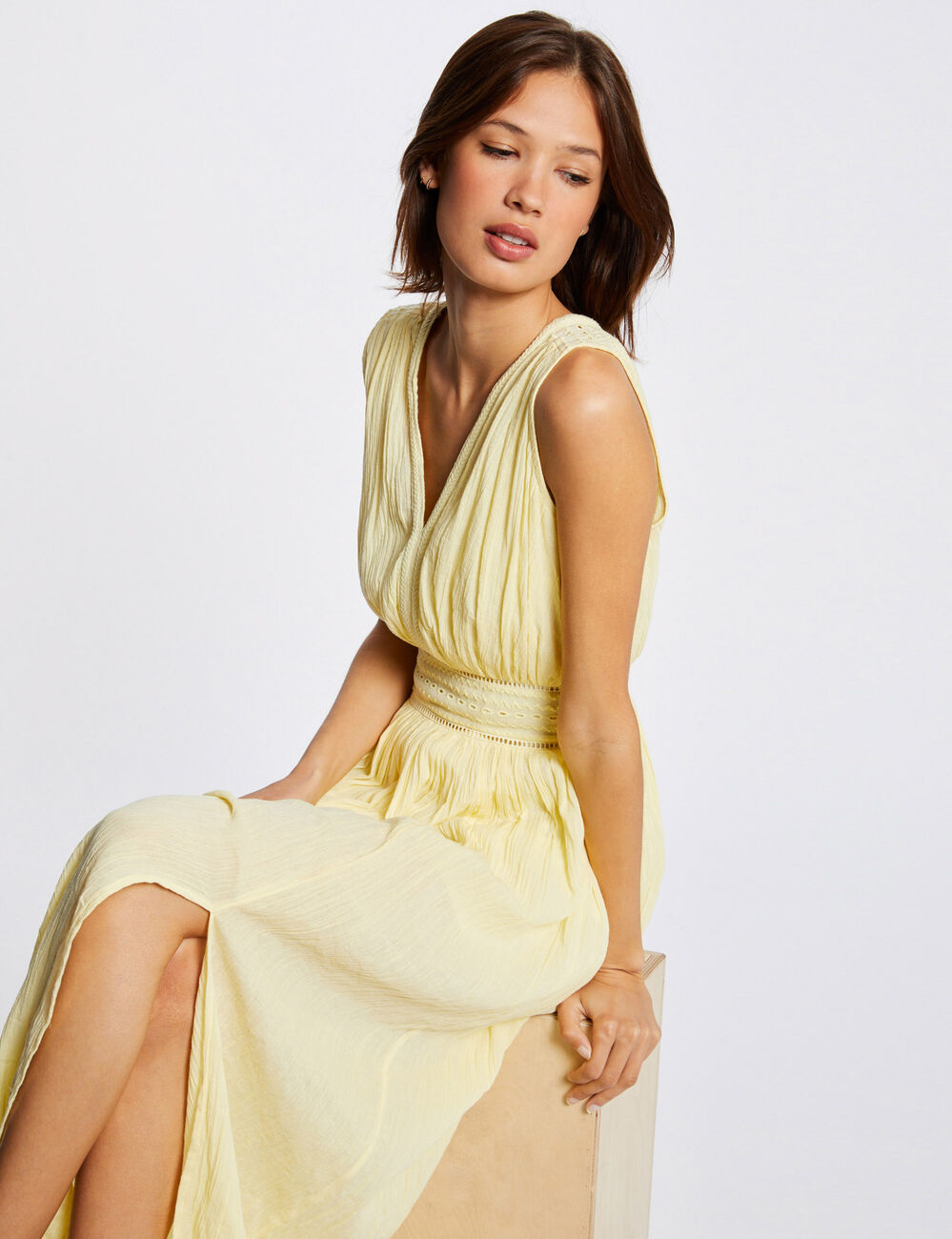 Robe longue droite avec broderie jaune femme