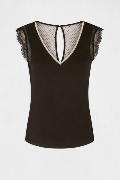 T-shirt manches courtes avec dentelle noir femme
