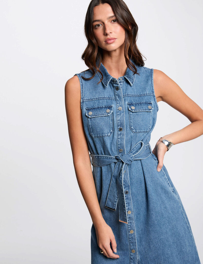 Robe midi trapèze en jean denim stone femme
