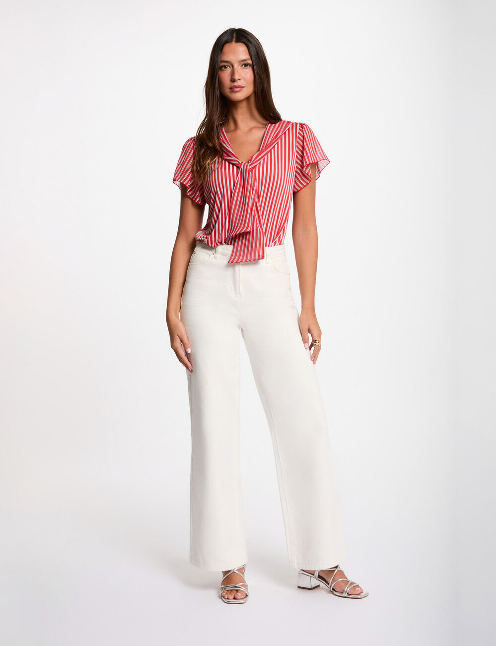 T-shirt col lavalli&egrave;re rouge femme