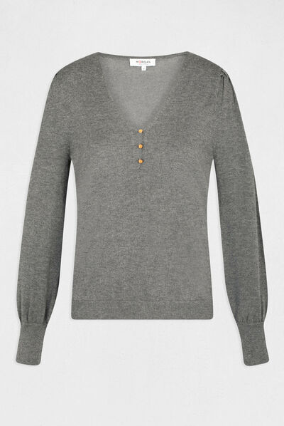 Pull manches longues à col en V gris anthracite femme
