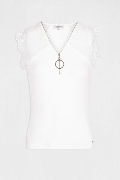 T-shirt manches courtes à dentelle ecru femme