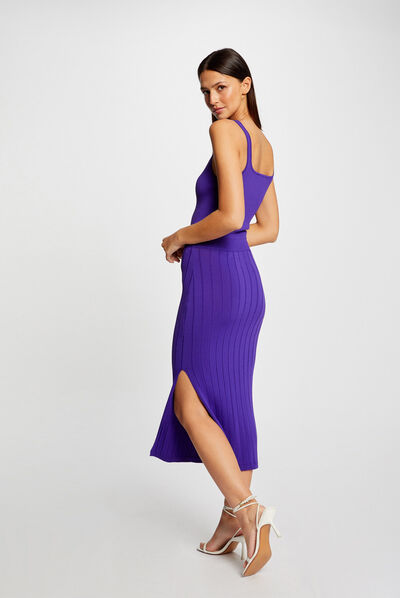 Robe pull longue ajustée fendue violet femme