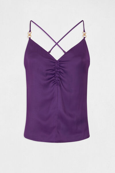 Blouse bretelles fines froncée violet fonce femme