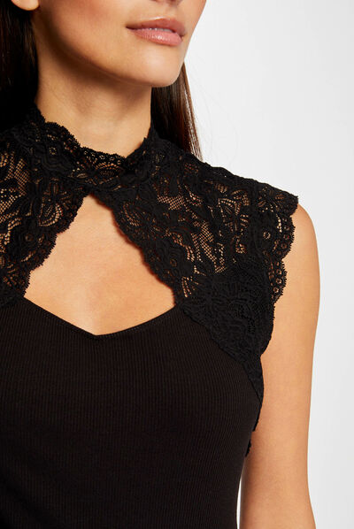 T-shirt sans manches à dentelle noir femme