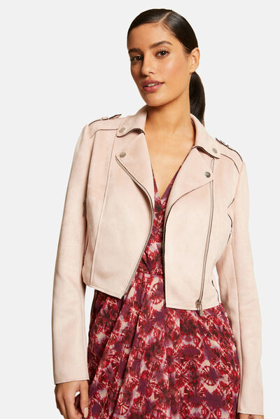 Blouson droit zippé suédine rose femme