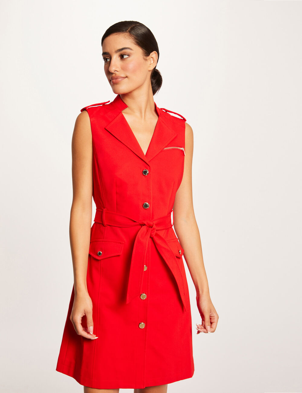 Robe droite boutonnée ceinturée rouge femme