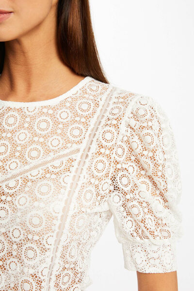 T-shirt manches courtes en dentelle ecru femme