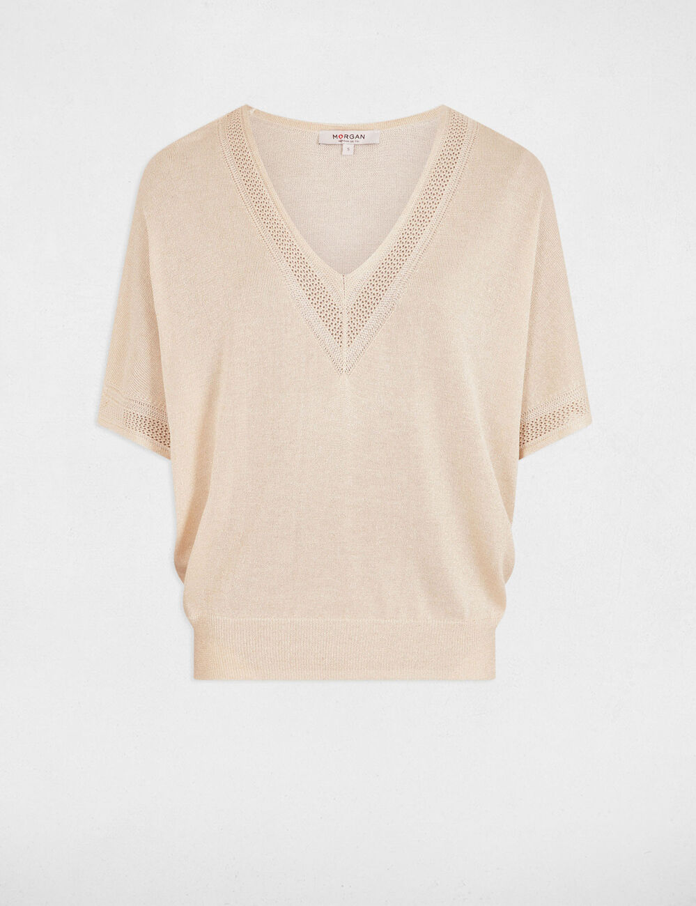 Pull col en V manches courtes ivoire femme