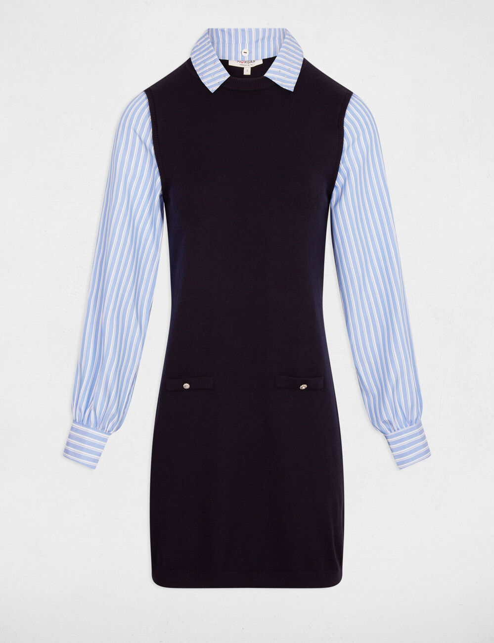 Robe tricot courte cintr&eacute;e bleu marine femme