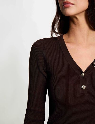 Pull col v fantaisie marron fonc&eacute; femme