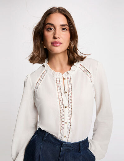 T-shirt dentelle col montant blanc femme