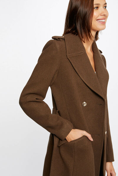 Manteau droit boutonné et ceinturé olive femme