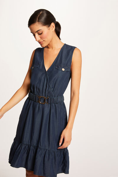 Robe droite sans manches ceinturée jean brut femme