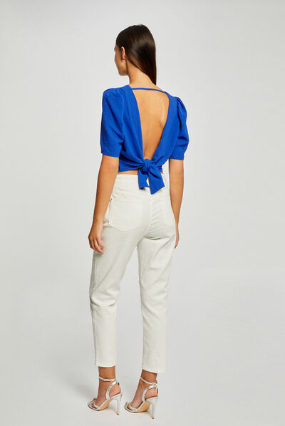 Blouse manches courtes dos ouvert bleu electrique femme