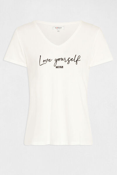T-shirt manches courtes à inscription ecru femme