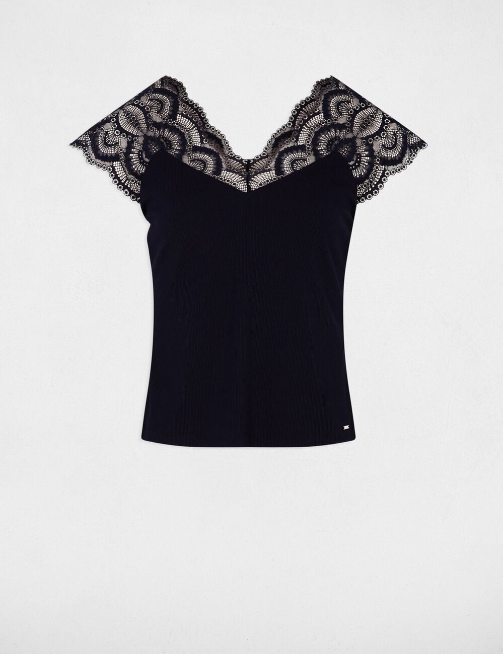 T-shirt dentelle col v bleu marine femme